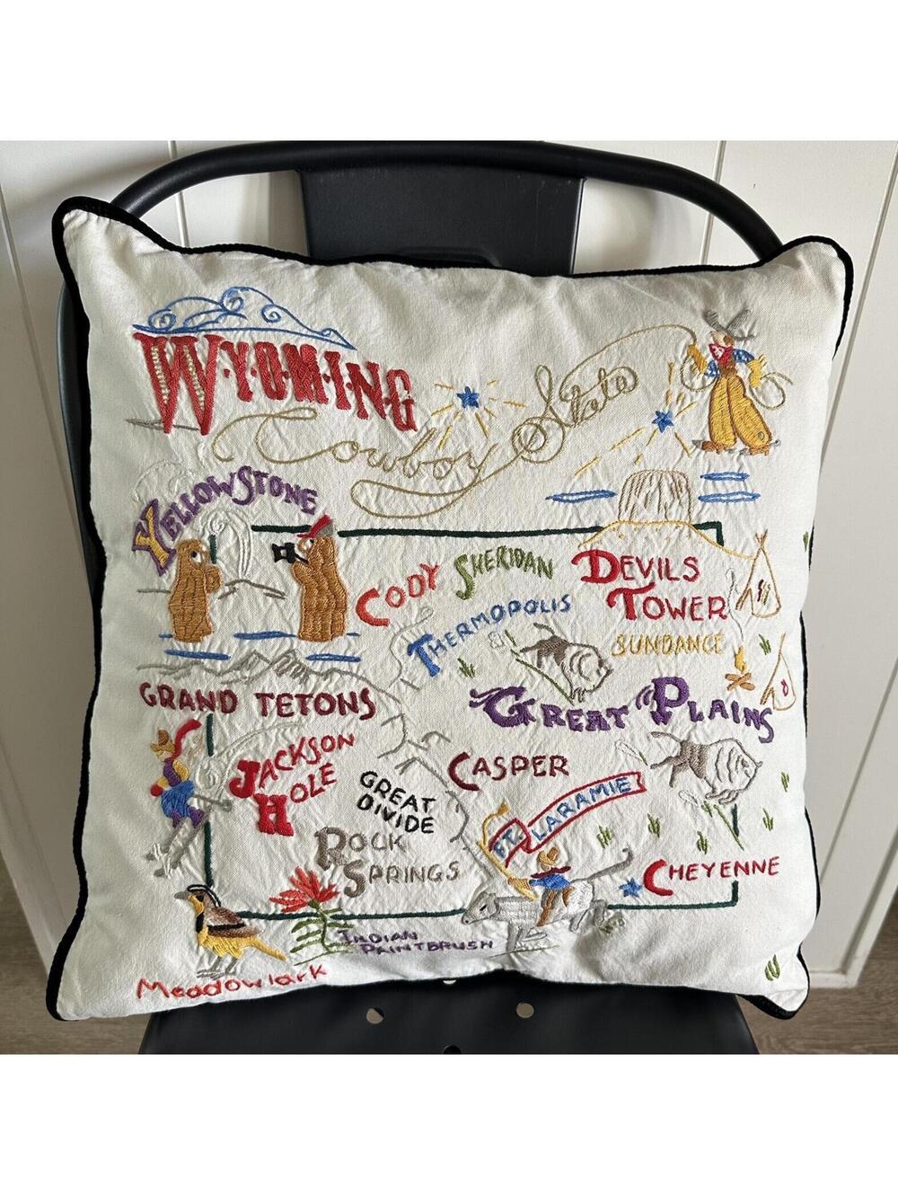 Vtg 2000 Catstudio Wyoming Geography Collection Hand Embroidered Throw Pillow